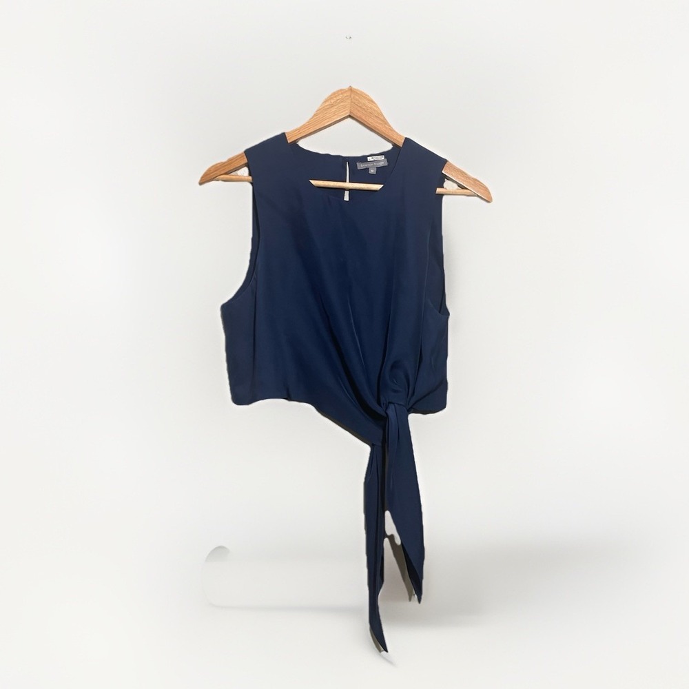 Emerson Thorpe 100% Silk Top Sleeveless Medium Tie Front Crop Blouse Navy Blue